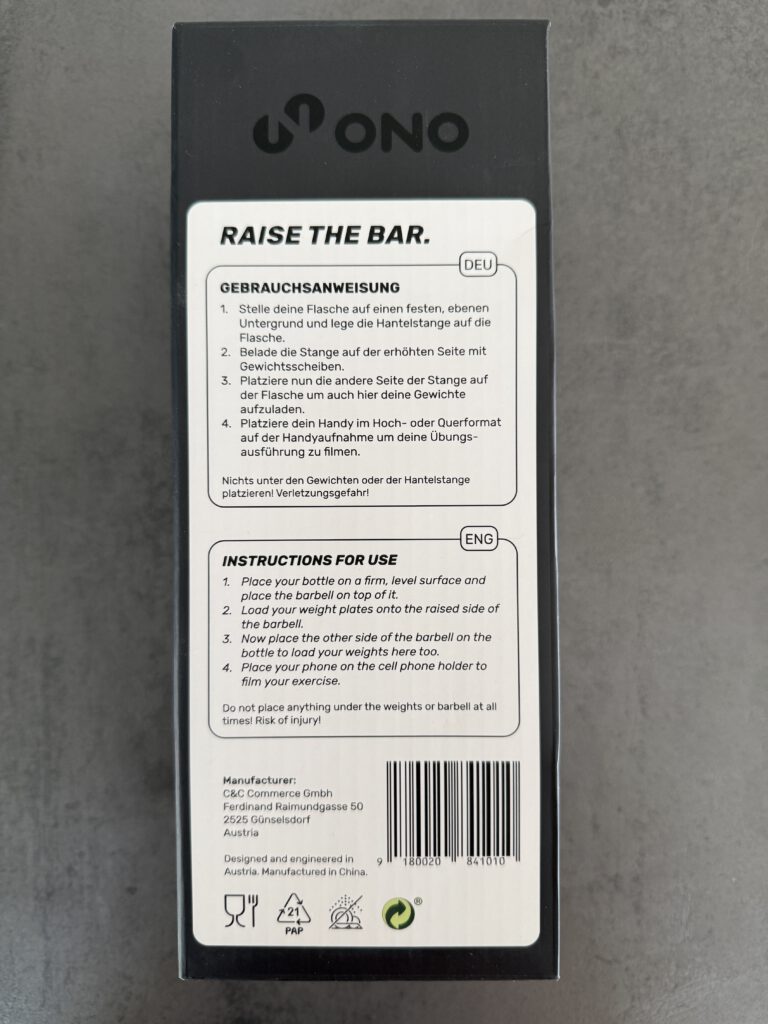 Barbell Jack Trinkflasche von ONO Test und Erfahrungen Lieferumfang
